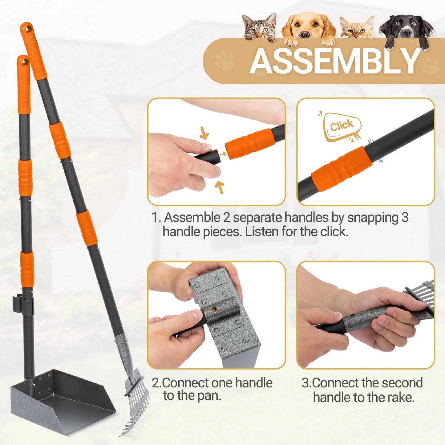 Pooper Scooper for Dog, Poop Scoop with 2 Pack Adjustable Long Handle, Black&Orange