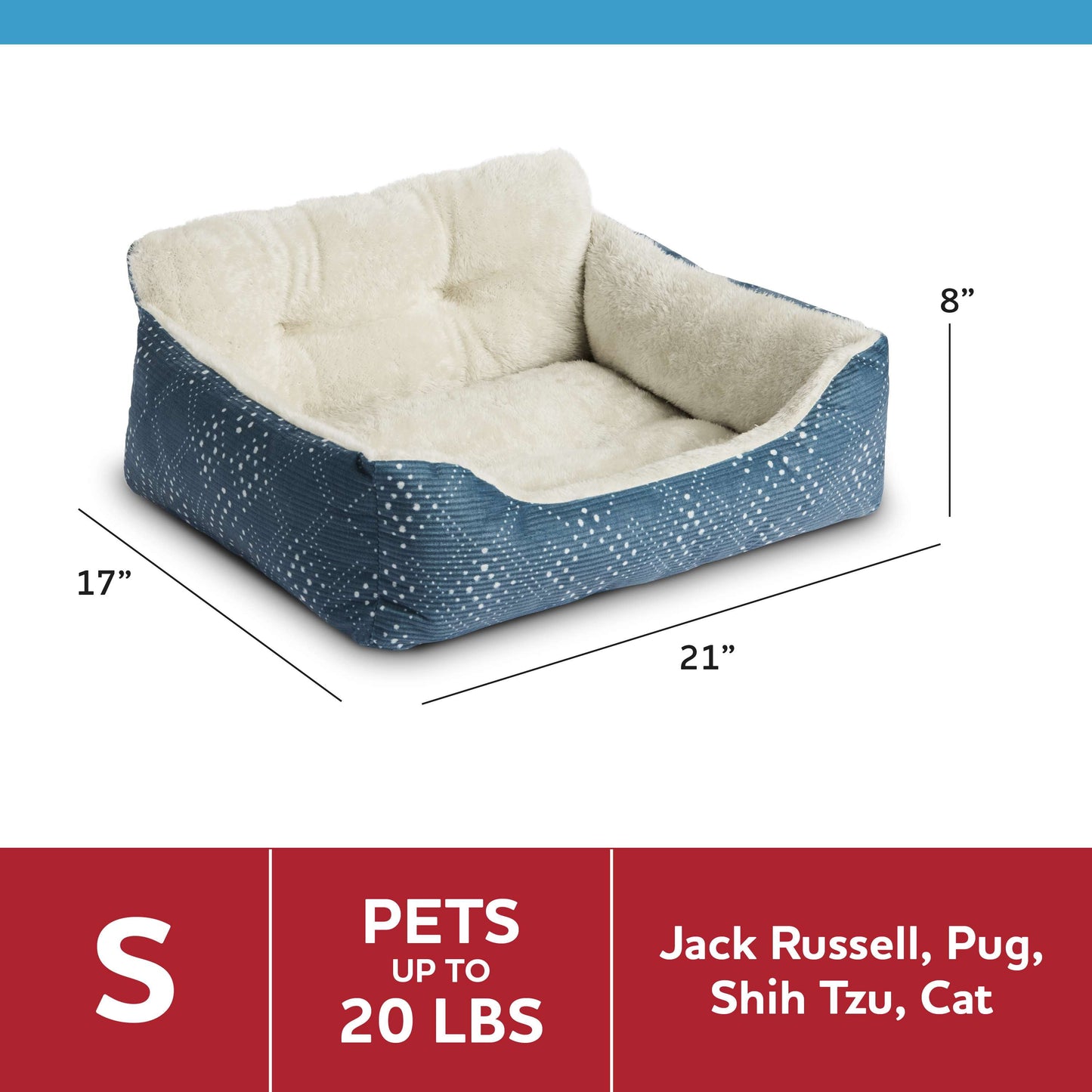 Lounger Small Pet Bed, Blue 21" X 17"