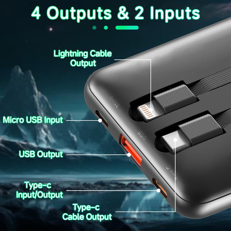10000Mah Power Bank with Built-In Cords, 22.5W Fast Charging, Slim Travel Battery Pack for Iphone, Android, Samsung, LG, Moto & More
