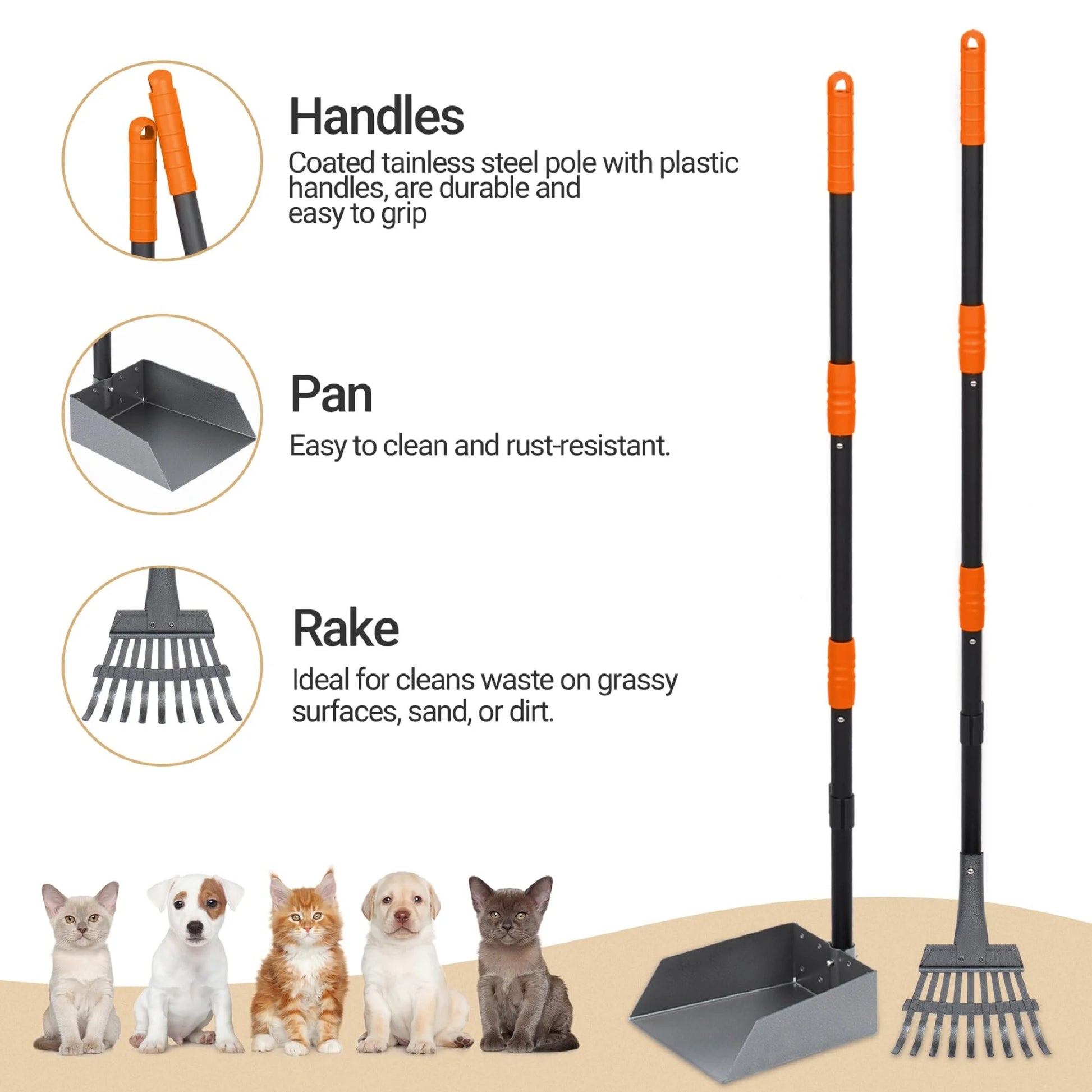 Pooper Scooper for Dog, Poop Scoop with 2 Pack Adjustable Long Handle, Black&Orange