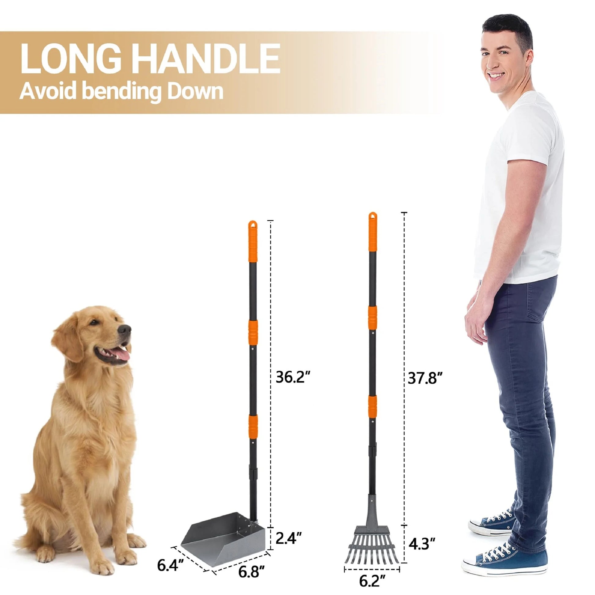 Pooper Scooper for Dog, Poop Scoop with 2 Pack Adjustable Long Handle, Black&Orange
