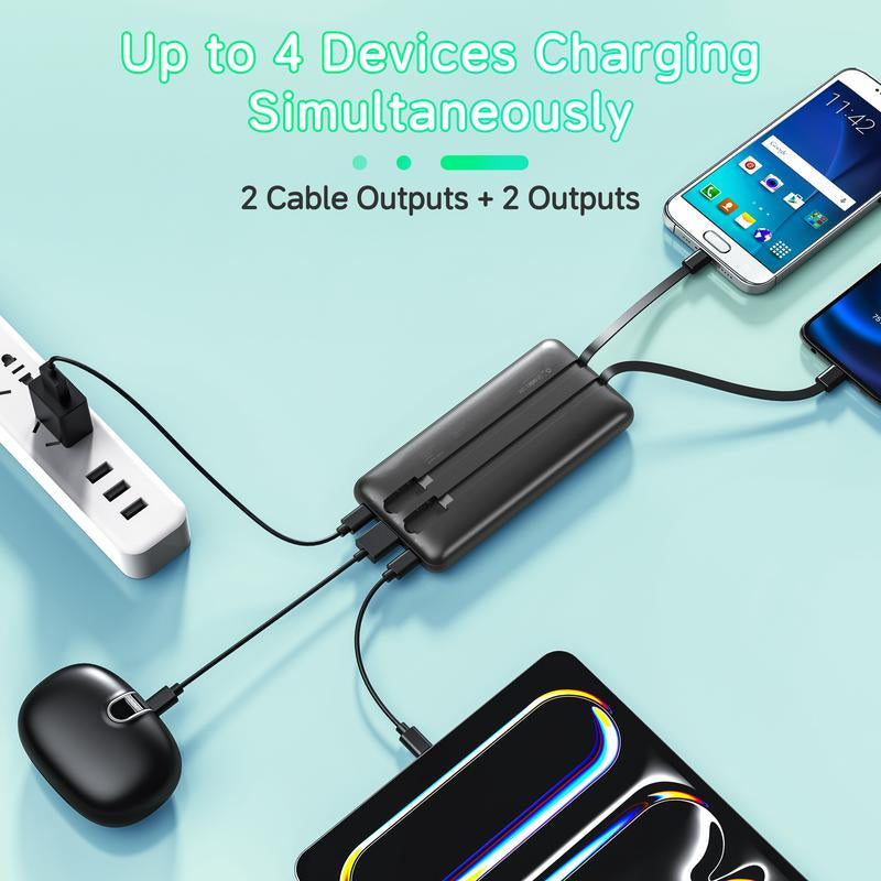10000Mah Power Bank with Built-In Cords, 22.5W Fast Charging, Slim Travel Battery Pack for Iphone, Android, Samsung, LG, Moto & More