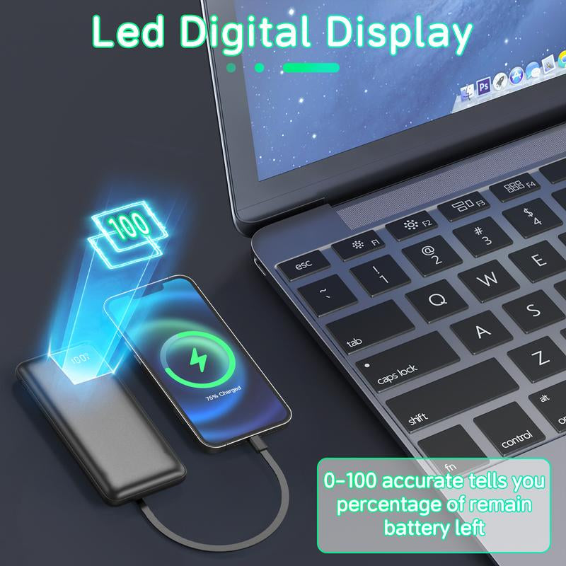 10000Mah Power Bank with Built-In Cords, 22.5W Fast Charging, Slim Travel Battery Pack for Iphone, Android, Samsung, LG, Moto & More
